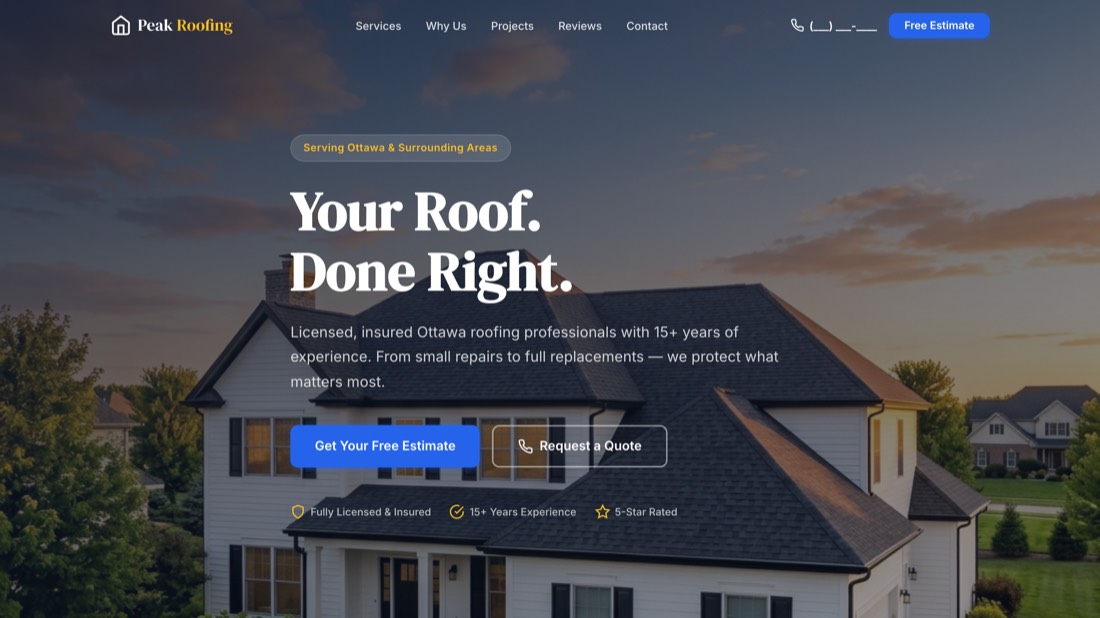 High-converting website layout for a local roofing company