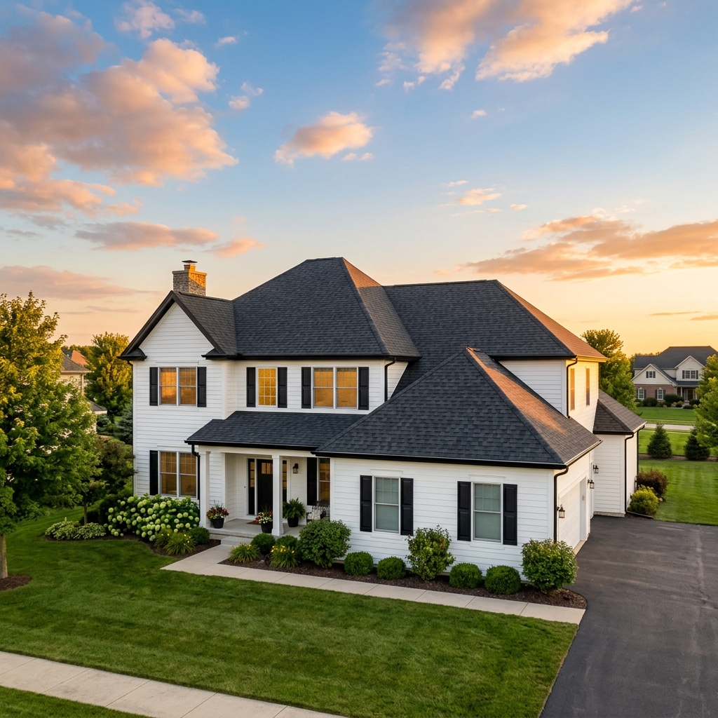 Beautiful home with new roof installed by Peak Roofing
